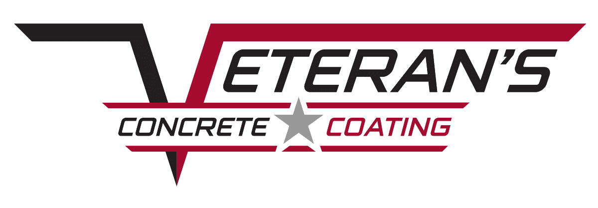 The image is a logo for "Veteran's Concrete Coating," featuring stylized red and white text on a dark green background with a graphic element.