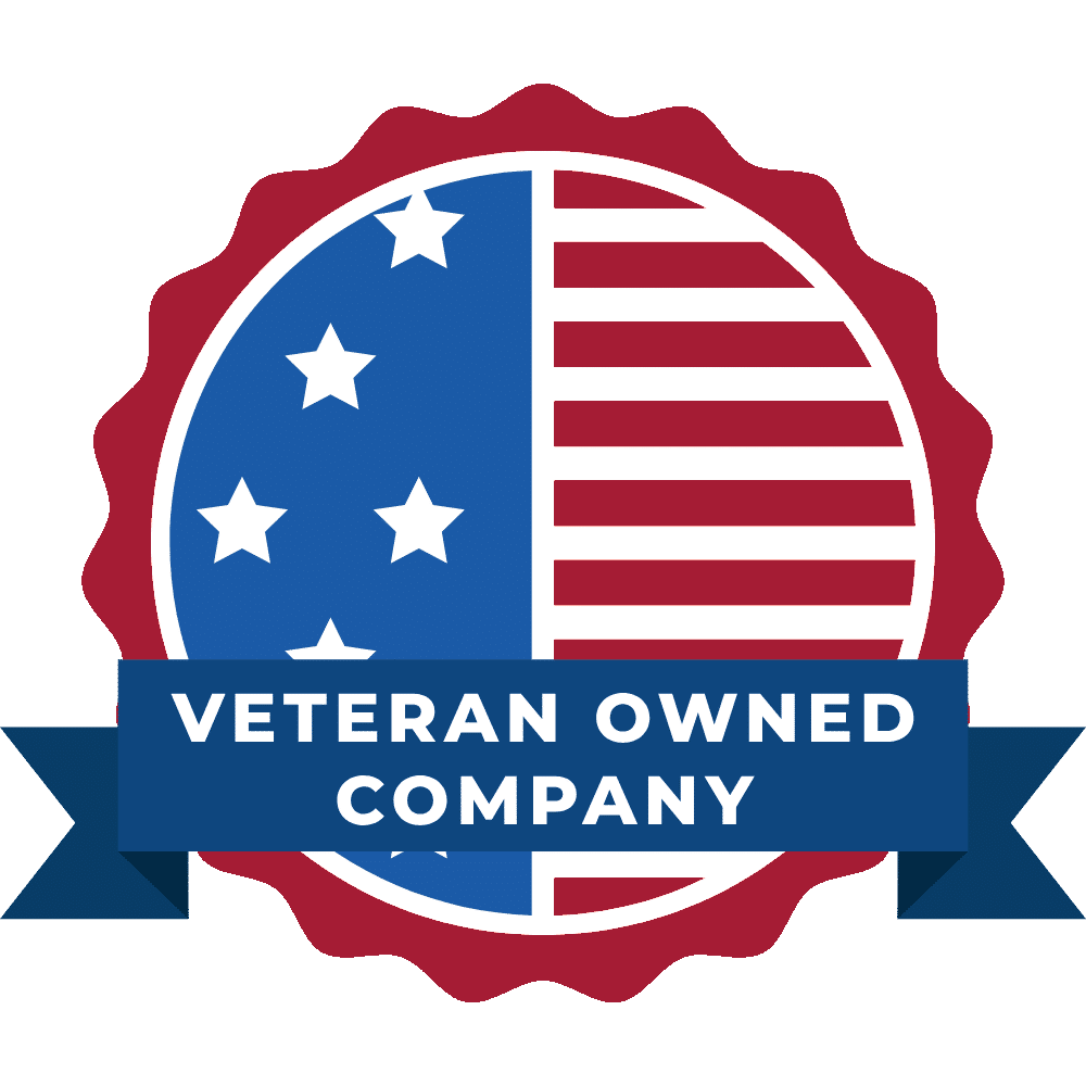 This is a badge graphic indicating a "Veteran Owned Company," featuring an emblem with stars, stripes, and a red, white, and blue color scheme.